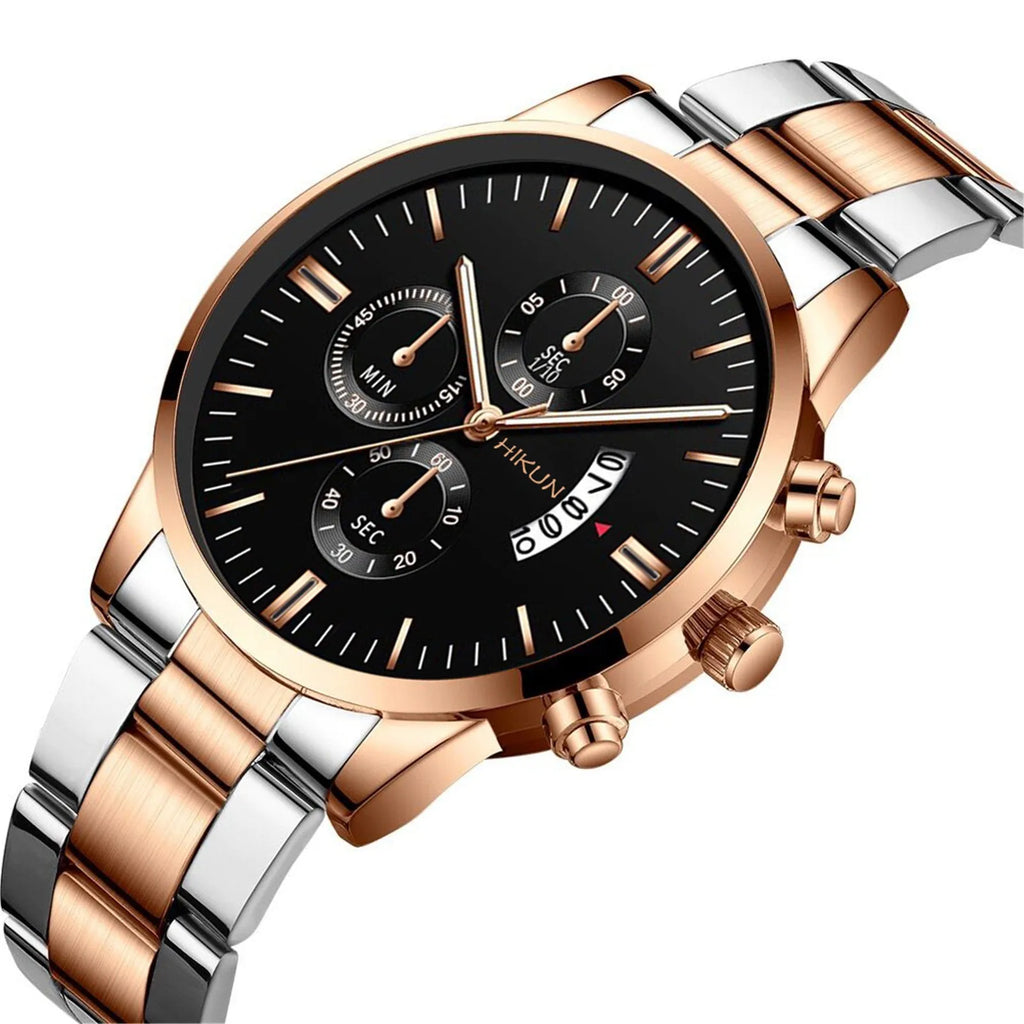 Montre homme de luxe en acier inoxydable noir à quartz, montre-bracelet pour homme d'affaires avec calendrier, Reloj Hombre