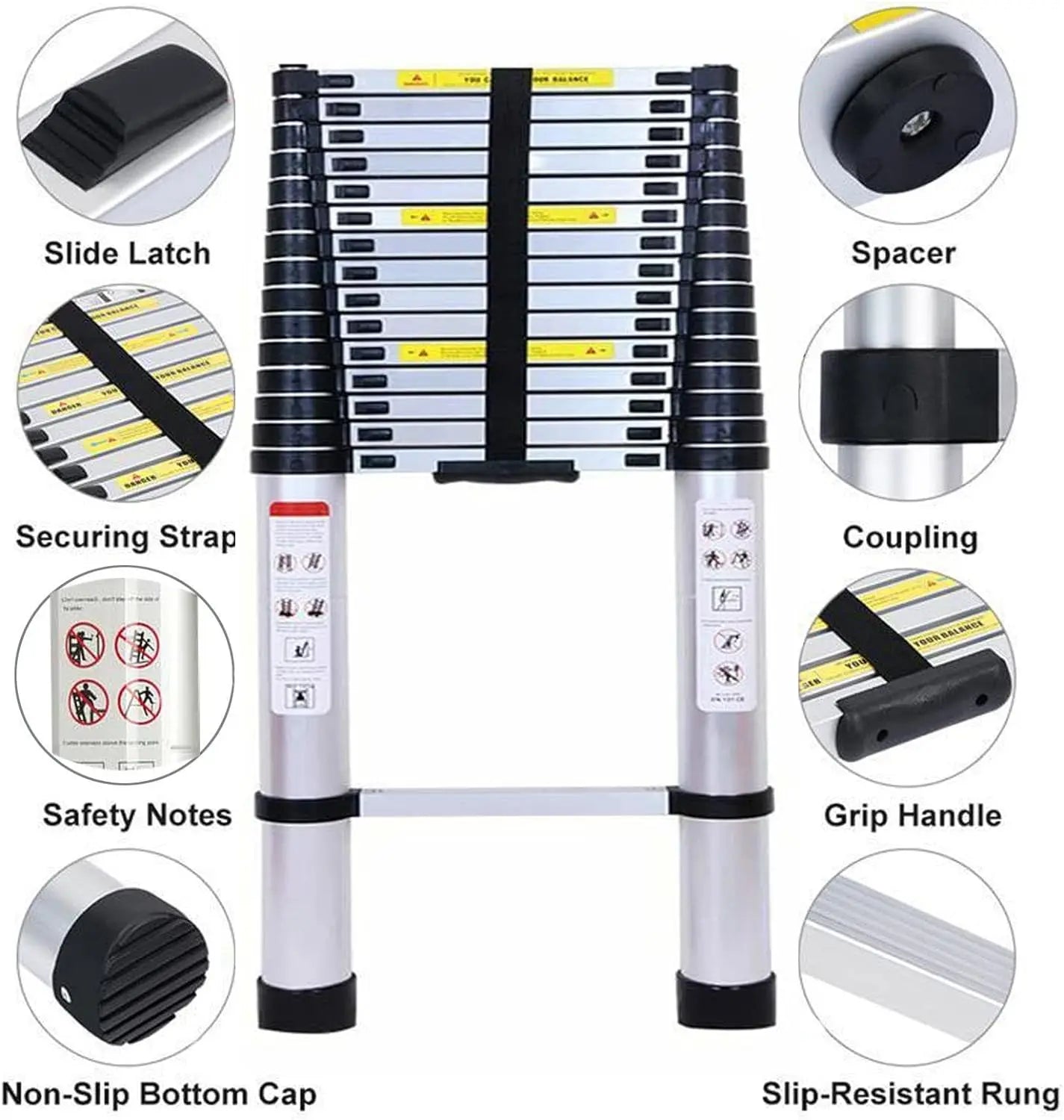 Échelle de grenier télescopique DayPlus, escabeau pliable et extensible en aluminium, portable, conforme à la norme EN131, capacité de 150 kg / 330 lb