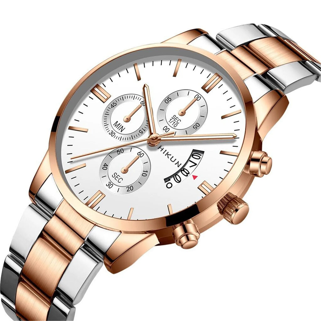Montre homme de luxe en acier inoxydable noir à quartz, montre-bracelet pour homme d'affaires avec calendrier, Reloj Hombre