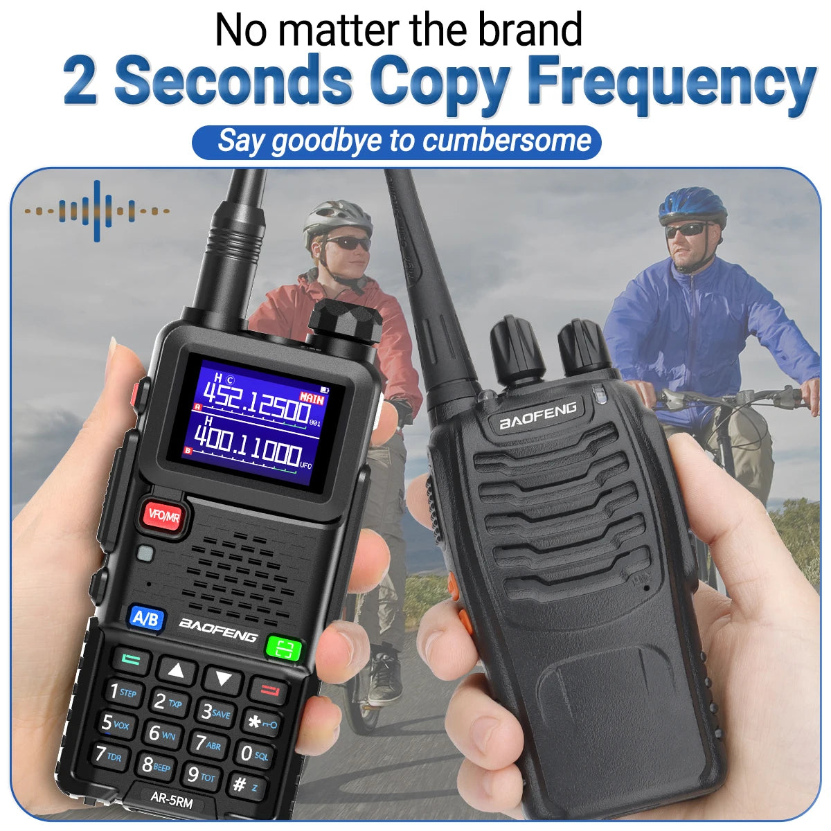 Lot de 2 talkies-walkies multibandes BAOFENG AR-5RM 10 W, copie de fréquence sans fil, chargeur USB-C, 999 canaux NOAA, compatibles avec les radios amateurs UV-5R et UV-5RH.