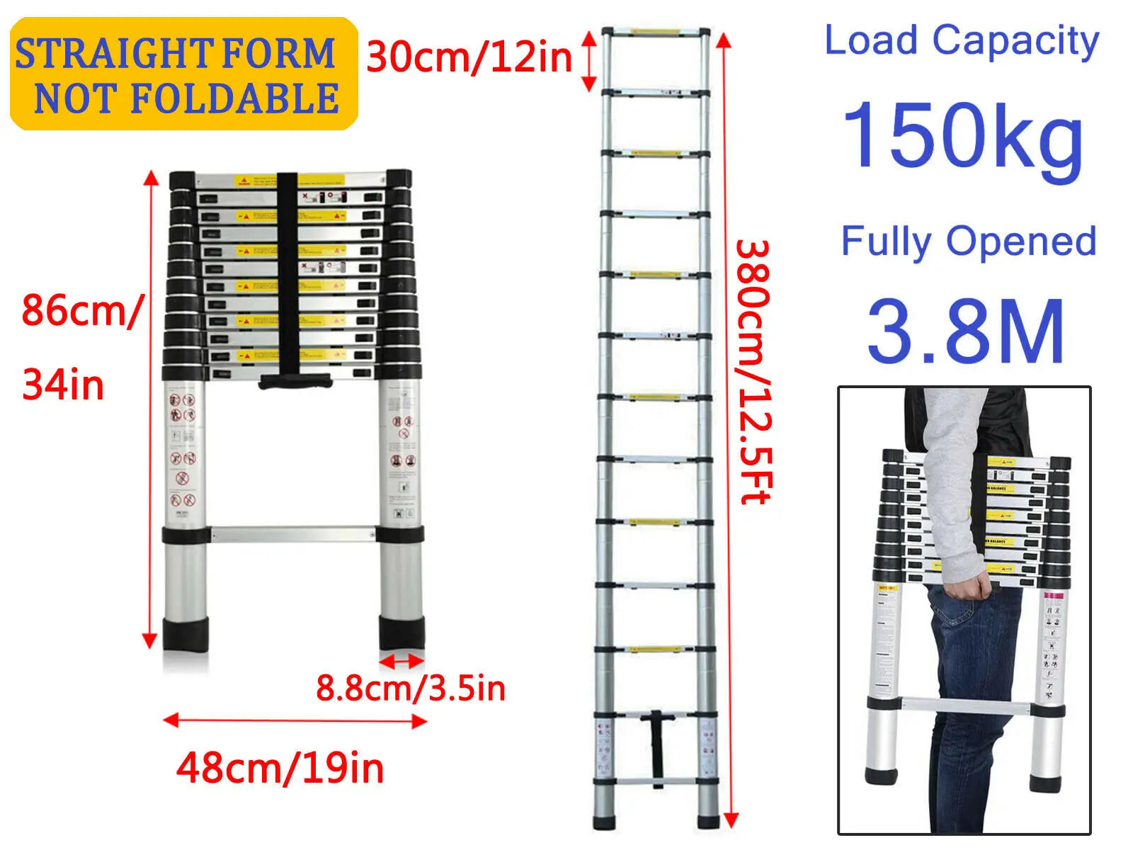 Échelle de grenier télescopique DayPlus, escabeau pliable et extensible en aluminium, portable, conforme à la norme EN131, capacité de 150 kg / 330 lb