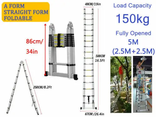 Échelle de grenier télescopique DayPlus, escabeau pliable et extensible en aluminium, portable, conforme à la norme EN131, capacité de 150 kg / 330 lb