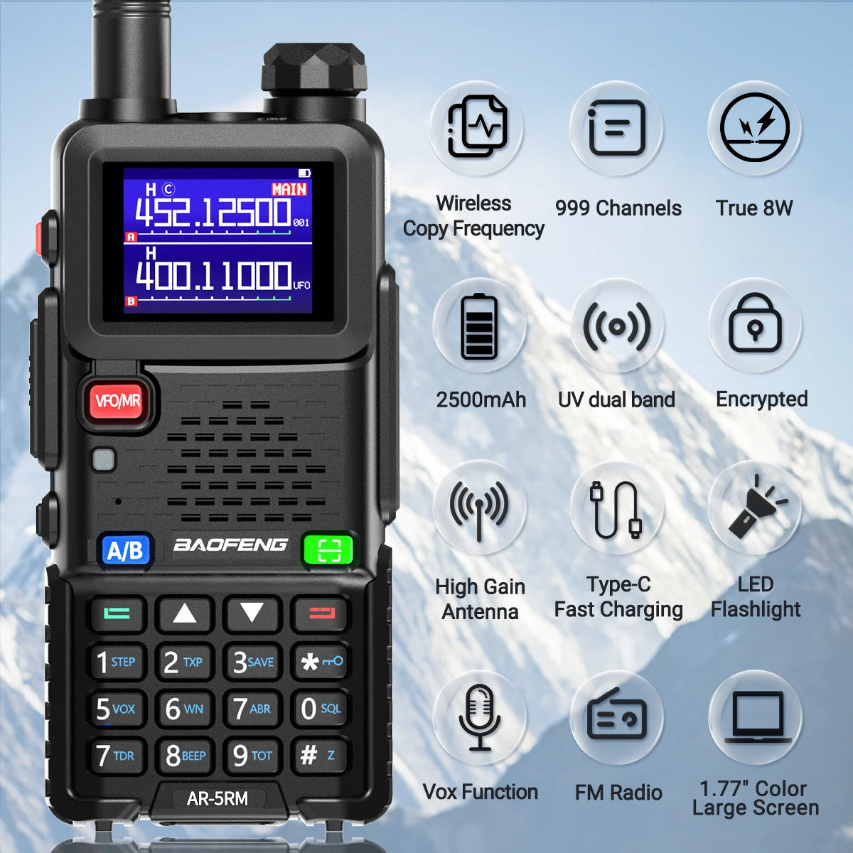 Lot de 2 talkies-walkies multibandes BAOFENG AR-5RM 10 W, copie de fréquence sans fil, chargeur USB-C, 999 canaux NOAA, compatibles avec les radios amateurs UV-5R et UV-5RH.