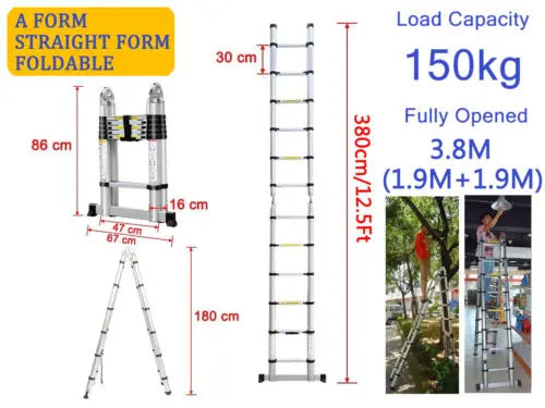 Échelle de grenier télescopique DayPlus, escabeau pliable et extensible en aluminium, portable, conforme à la norme EN131, capacité de 150 kg / 330 lb