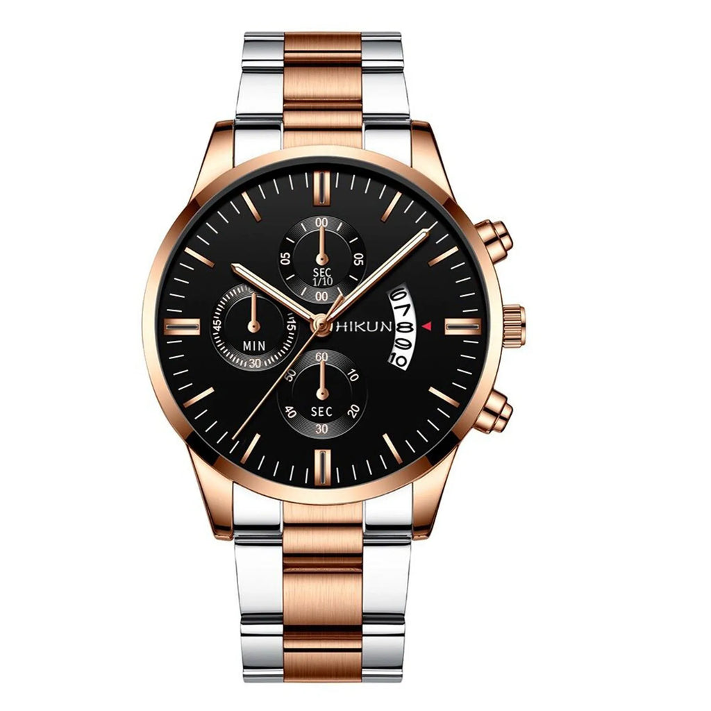 Montre homme de luxe en acier inoxydable noir à quartz, montre-bracelet pour homme d'affaires avec calendrier, Reloj Hombre