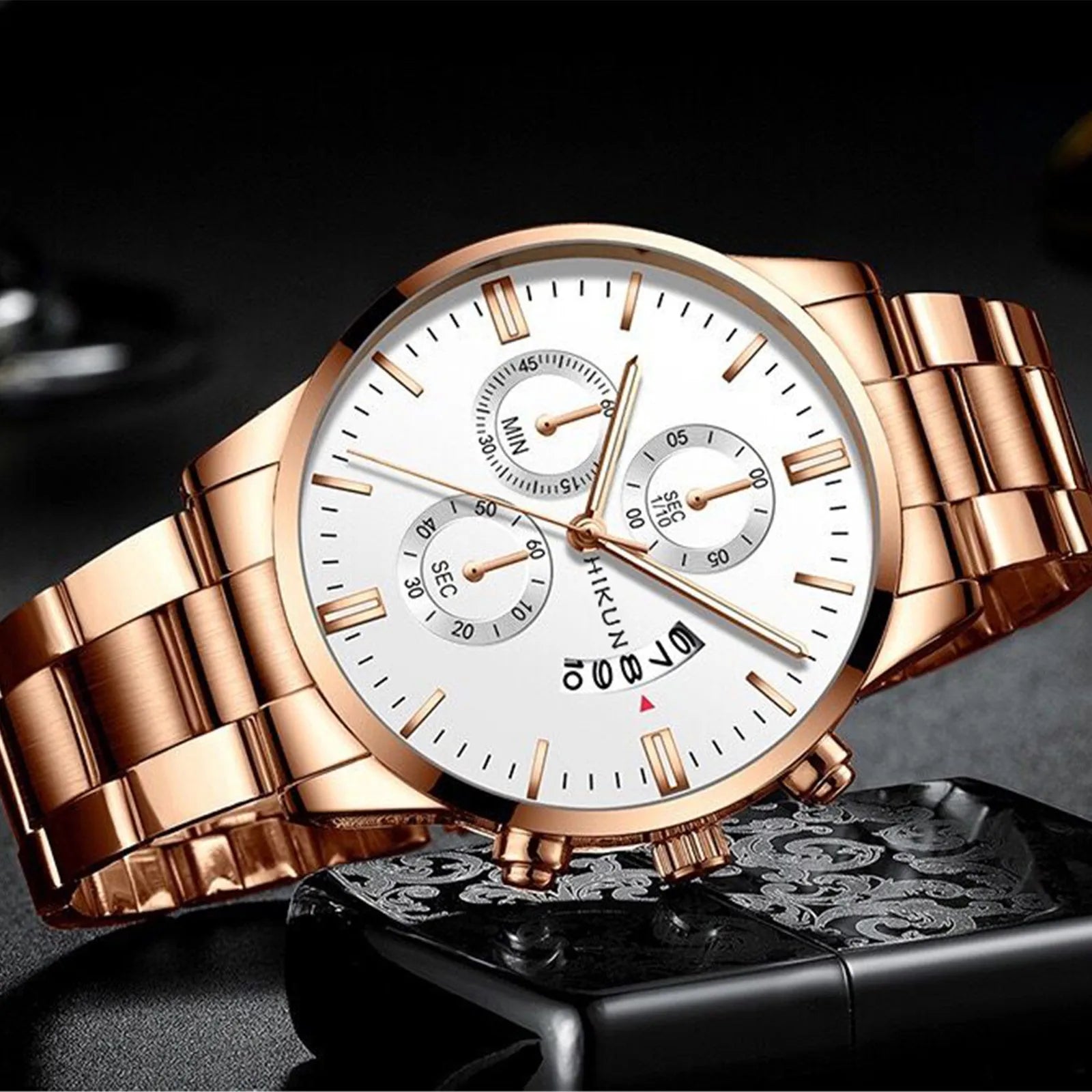 Montre homme de luxe en acier inoxydable noir à quartz, montre-bracelet pour homme d'affaires avec calendrier, Reloj Hombre