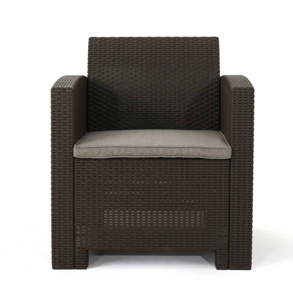 Fauteuils club d'extérieur en imitation osier marron avec coussins beiges résistants à l'eau