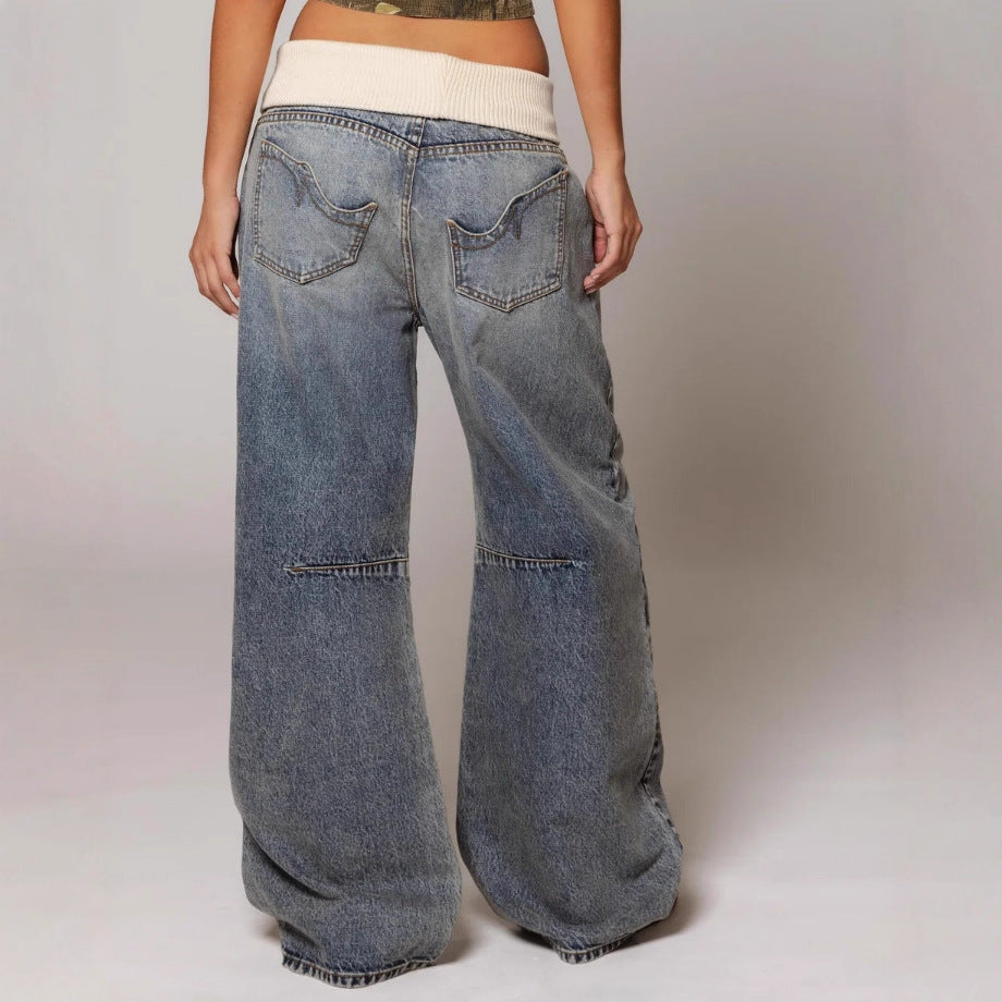 Jean ample à jambes droites avec poches, pantalon décontracté et tendance, style streetwear, vêtements pour femmes