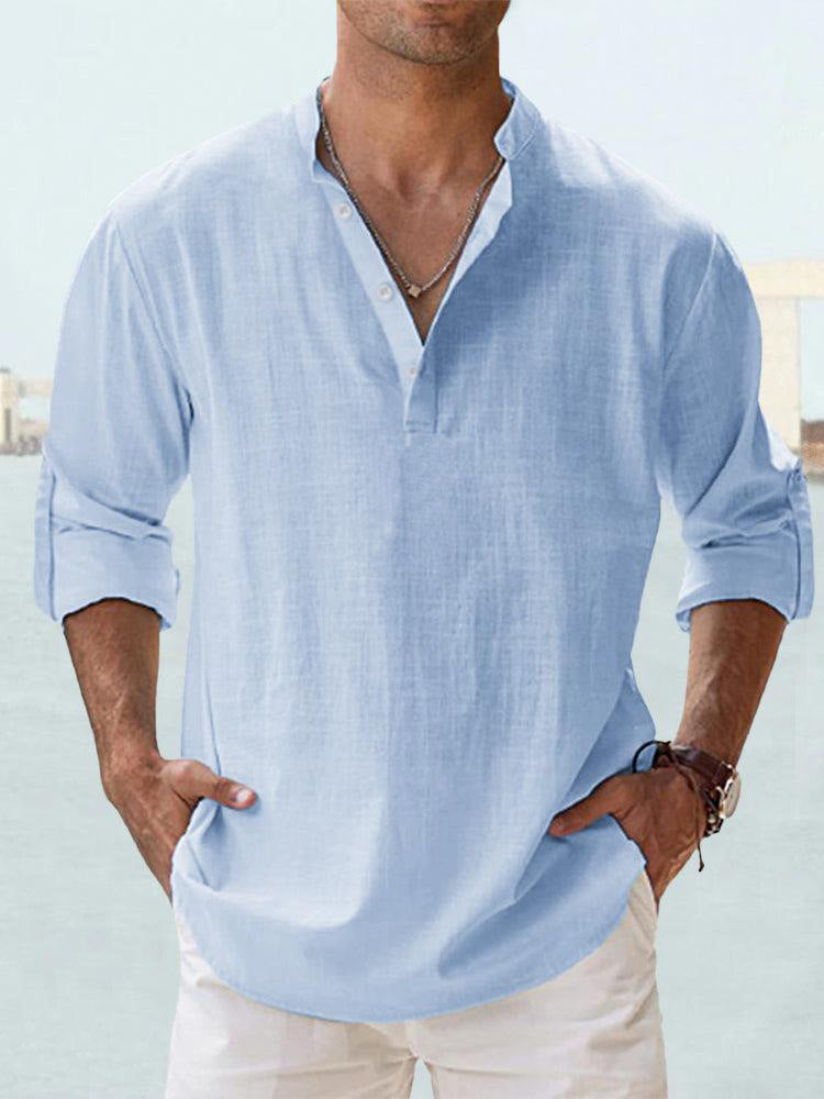 Chemise décontractée pour homme en coton et lin, coupe ample, manches longues, idéale pour le printemps et l'automne.