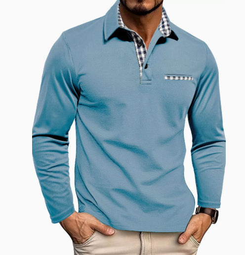 Polo à carreaux décontracté avec revers, couleur unie, manches longues, vêtements pour hommes