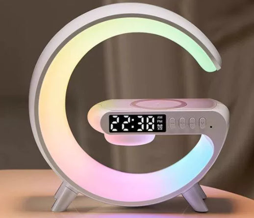 Nouvelle lampe LED intelligente en forme de G avec haut-parleur Bluetooth, chargeur sans fil et application de contrôle pour la décoration de la chambre et de la maison.