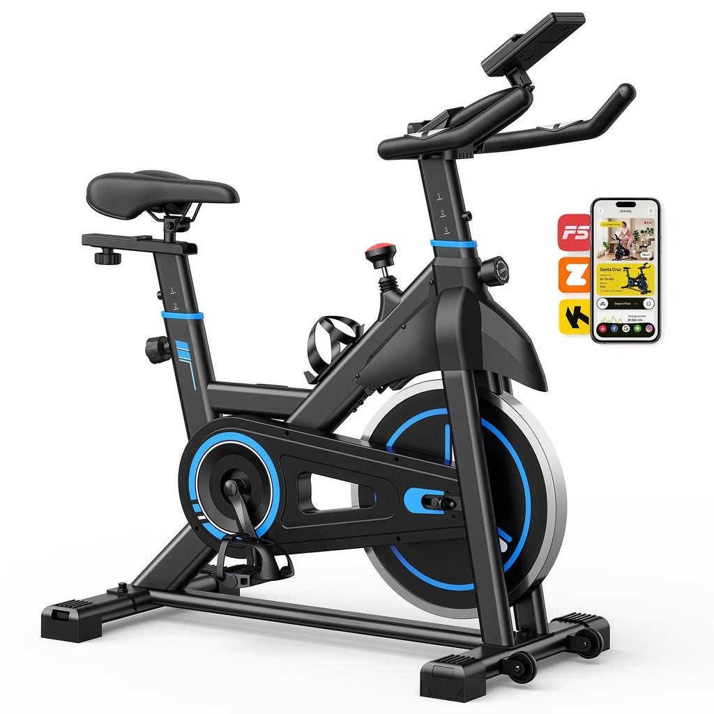 Un vélo d'appartement avec écran LCD et fonction de réglage de la résistance à l'infini, permettant le réglage de la selle et du guidon.