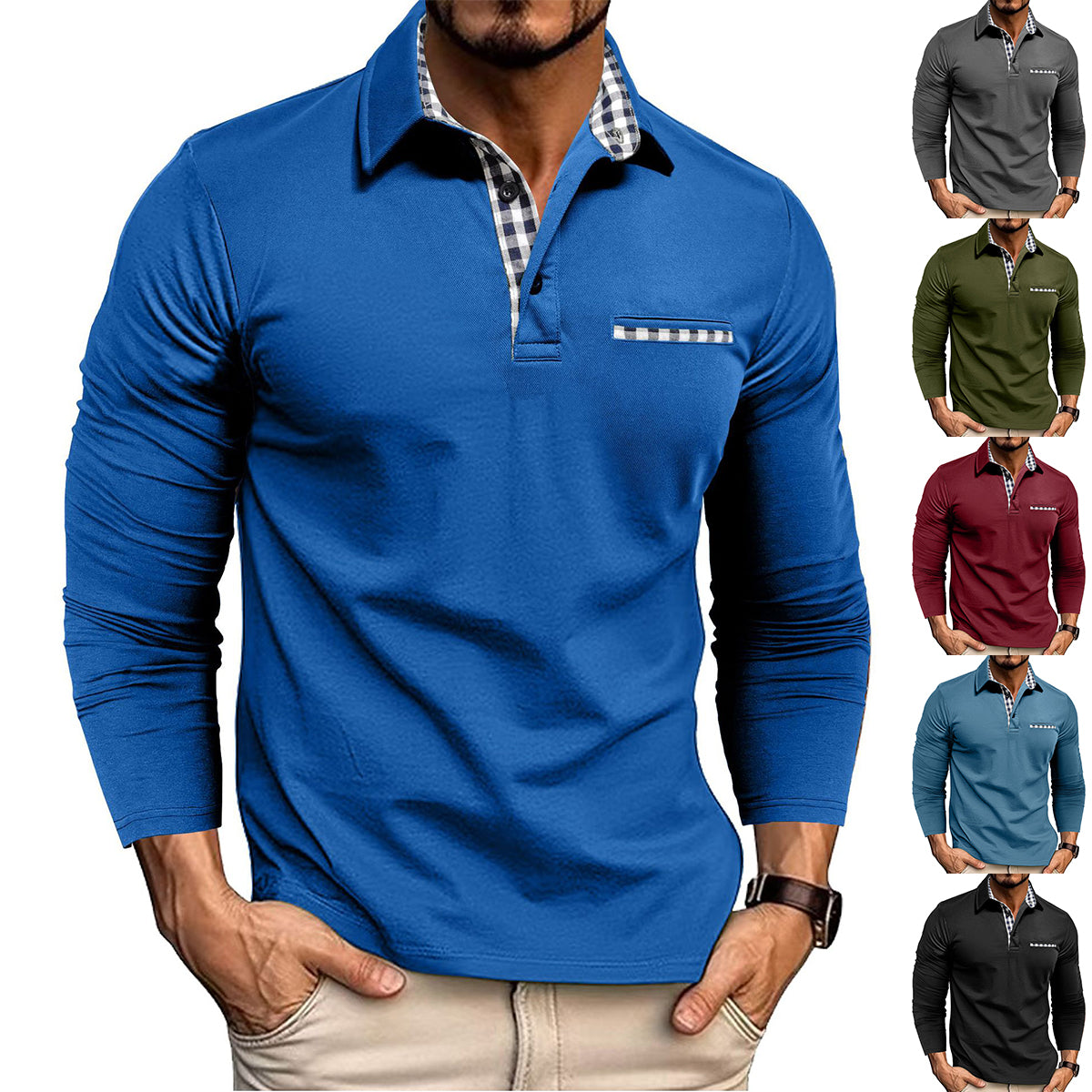 Polo à carreaux décontracté avec revers, couleur unie, manches longues, vêtements pour hommes