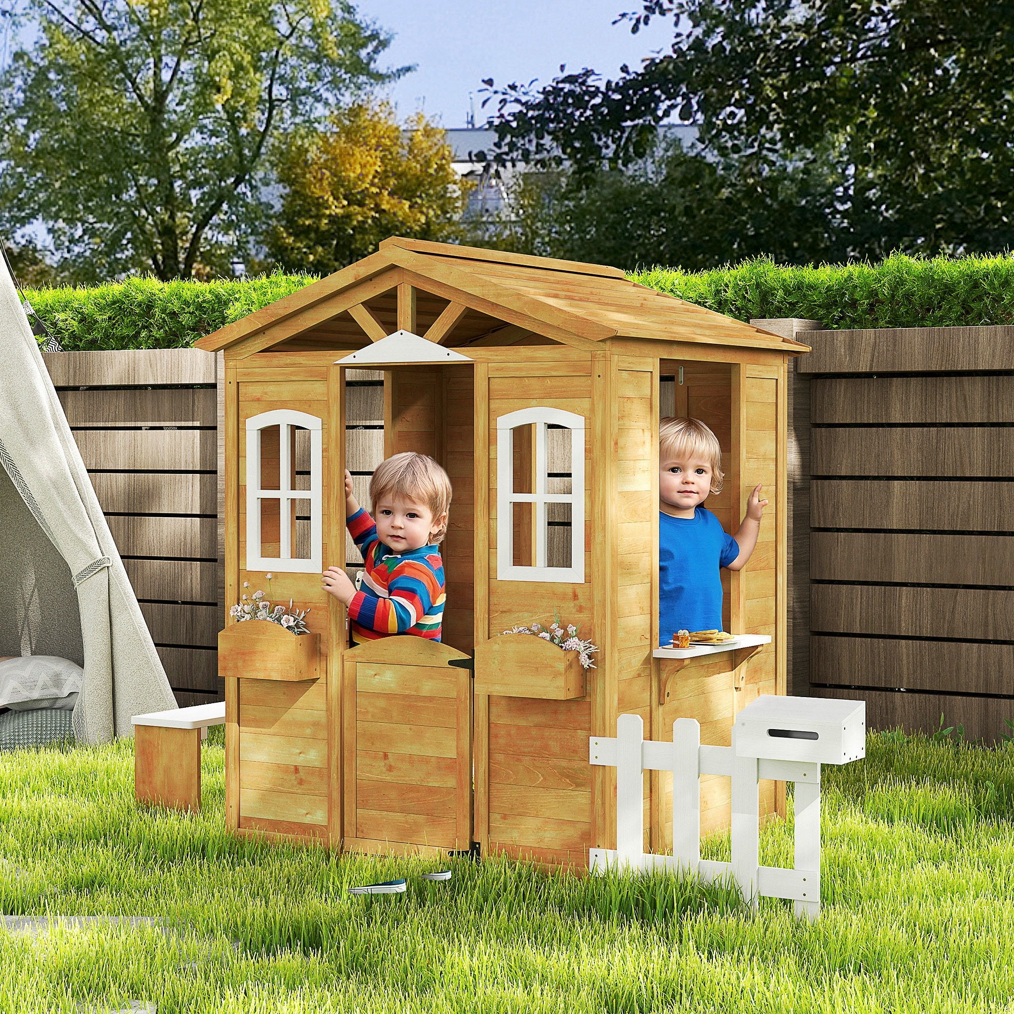 Cabane de jardin en bois naturel pour enfants de 3 à 6 ans, avec portes, fenêtres et boîte aux lettres fonctionnelles.