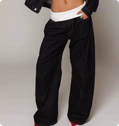Jean ample à jambes droites avec poches, pantalon décontracté et tendance, style streetwear, vêtements pour femmes