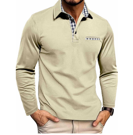Polo à carreaux décontracté avec revers, couleur unie, manches longues, vêtements pour hommes