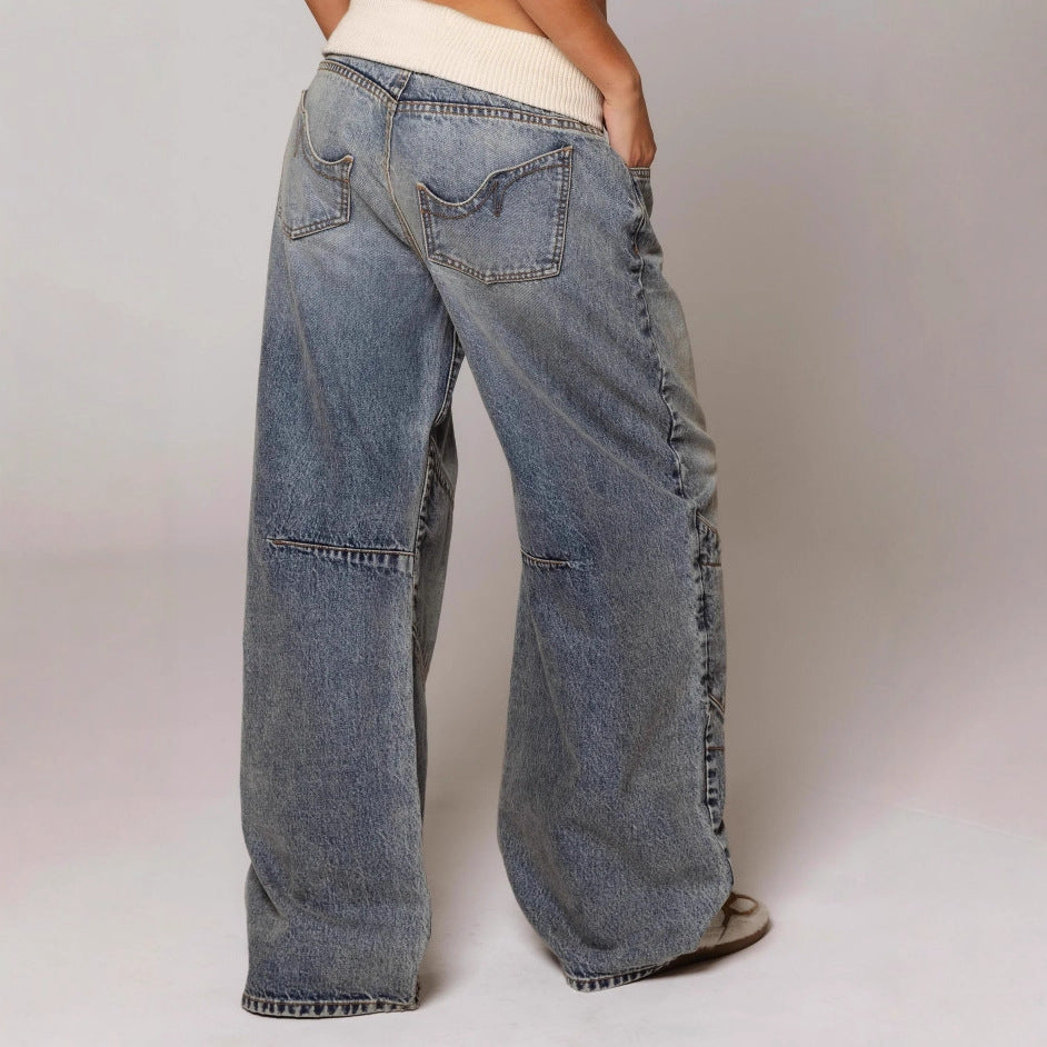 Jean ample à jambes droites avec poches, pantalon décontracté et tendance, style streetwear, vêtements pour femmes