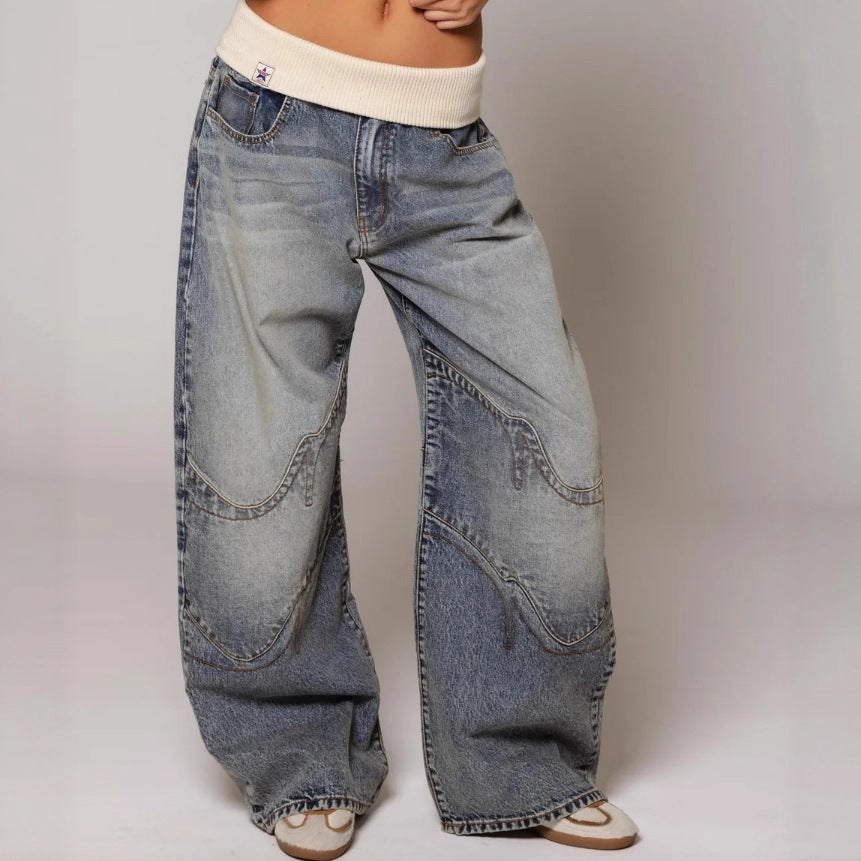 Jean ample à jambes droites avec poches, pantalon décontracté et tendance, style streetwear, vêtements pour femmes