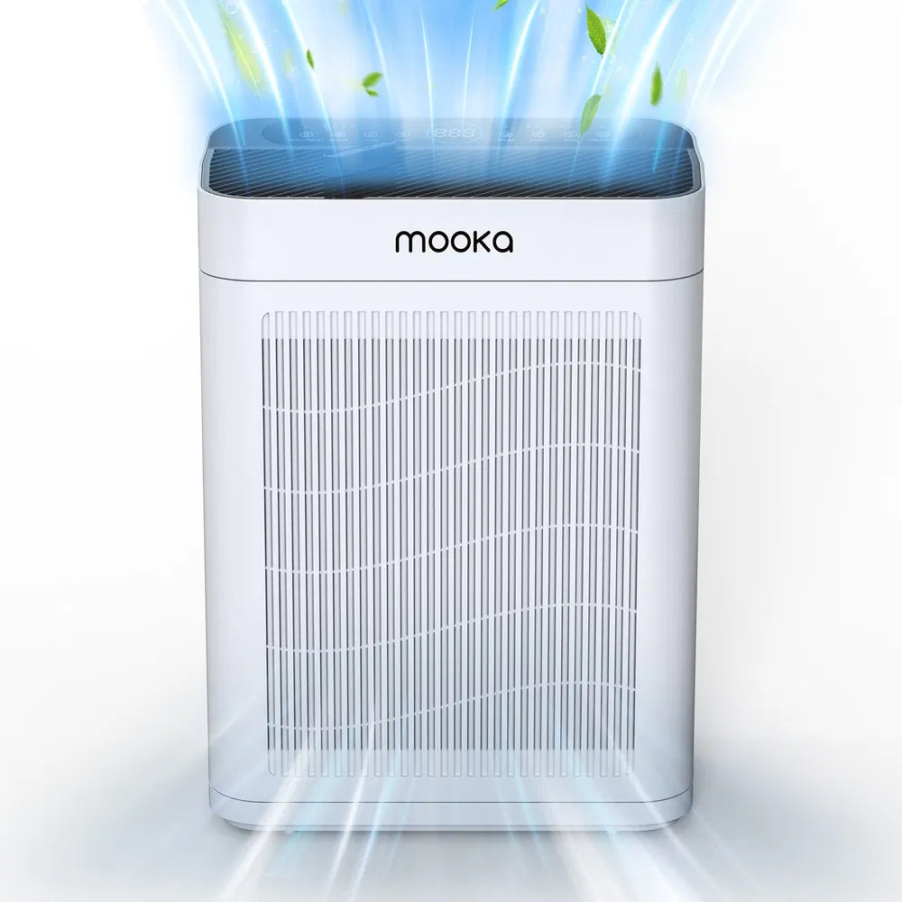 Purificateur d'air MOOKA TM06 blanc pour grandes pièces (jusqu'à 204 m²) avec animaux domestiques, filtre HEPA véritable H13, parfumé, idéal pour la chambre à coucher, élimine la fumée des feux de forêt, la poussière des animaux, le pollen et les odeurs.