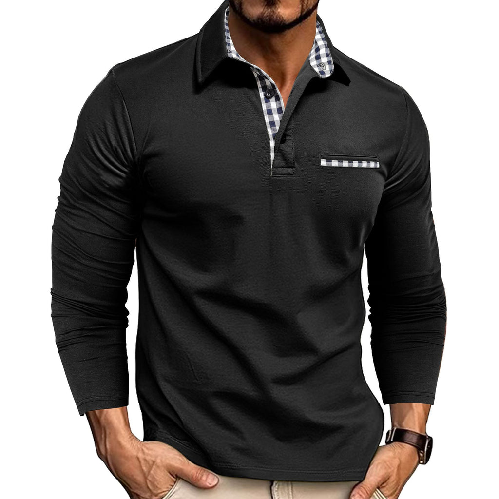 Polo à carreaux décontracté avec revers, couleur unie, manches longues, vêtements pour hommes