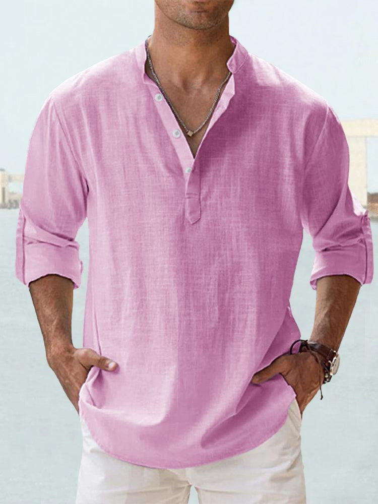 Chemise décontractée pour homme en coton et lin, coupe ample, manches longues, idéale pour le printemps et l'automne.