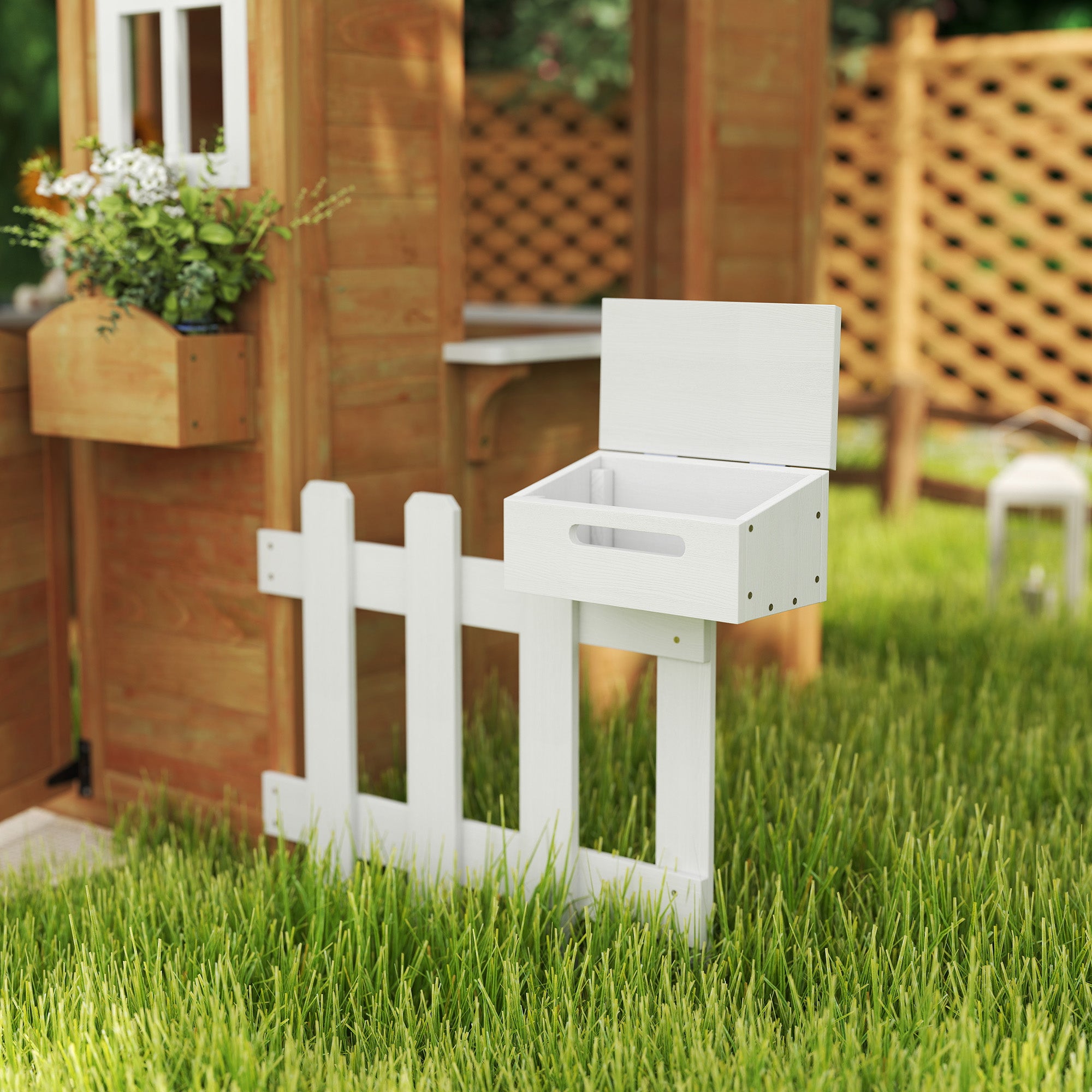 Cabane de jardin en bois naturel pour enfants de 3 à 6 ans, avec portes, fenêtres et boîte aux lettres fonctionnelles.