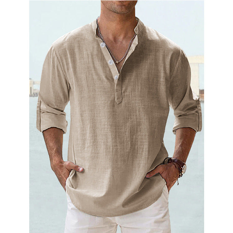 Chemise décontractée pour homme en coton et lin, coupe ample, manches longues, idéale pour le printemps et l'automne.