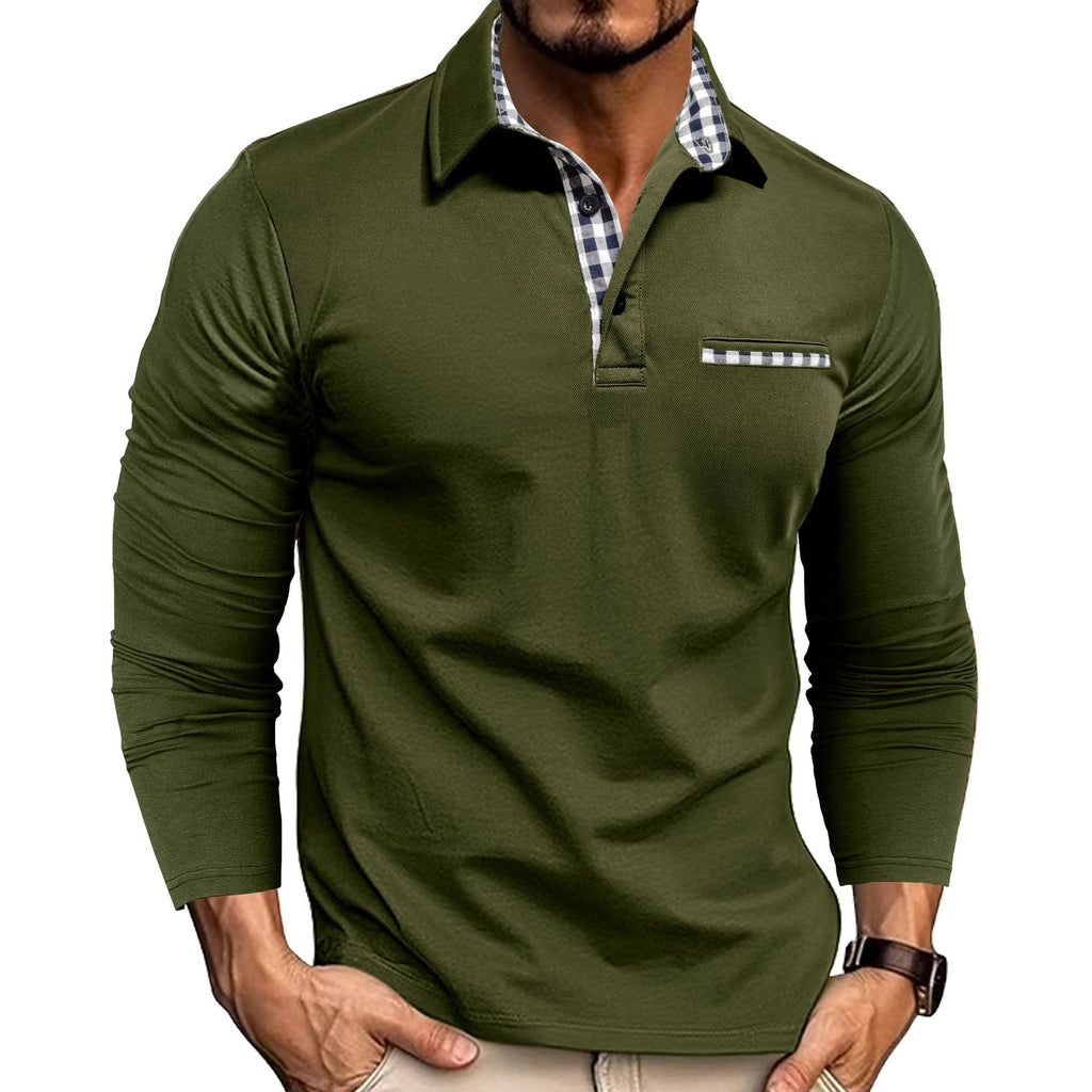 Polo à carreaux décontracté avec revers, couleur unie, manches longues, vêtements pour hommes