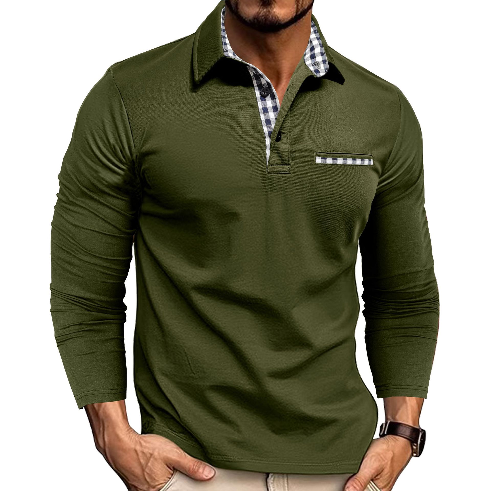 Polo à carreaux décontracté avec revers, couleur unie, manches longues, vêtements pour hommes