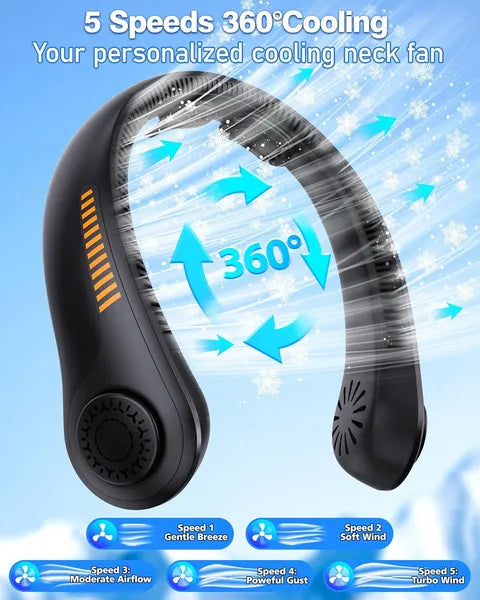 Ventilateur de cou portable - Ventilateur personnel rechargeable avec support pour la nuque, 5 vitesses, silencieux, léger et durable, fonctionne sur piles, refroidissement complet pour les voyages, cadeau d'anniversaire pour hommes et femmes