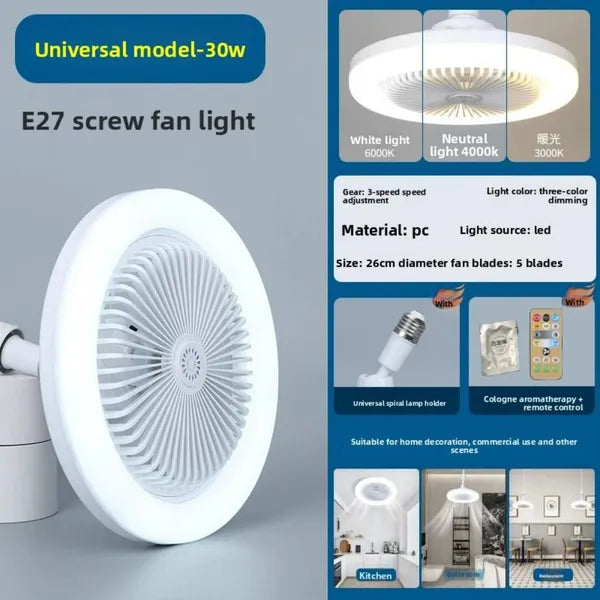 Ventilateur de plafond LED 30 W avec éclairage et télécommande, ampoule E27, plafonnier