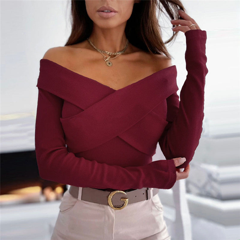 Pull sexy à double col en V, manches courtes et longues, chemise à manches longues
