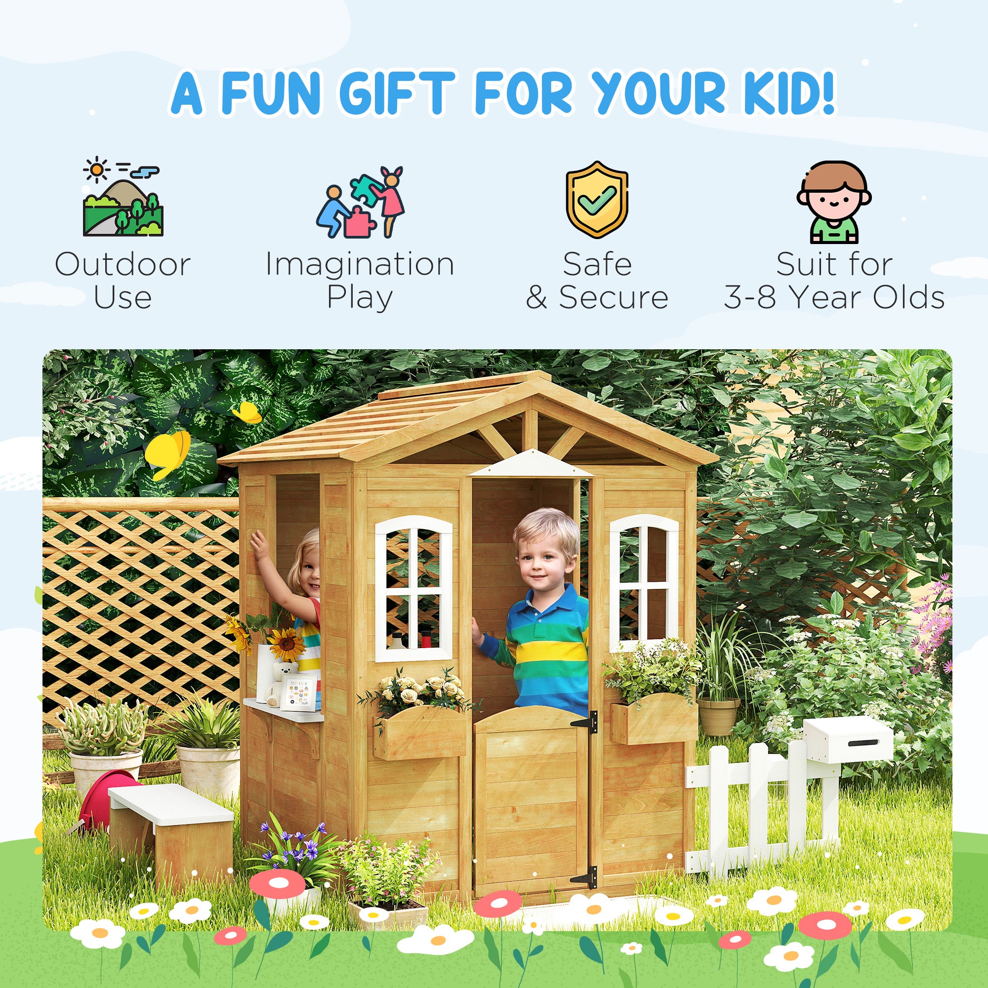 Cabane de jardin en bois naturel pour enfants de 3 à 6 ans, avec portes, fenêtres et boîte aux lettres fonctionnelles.
